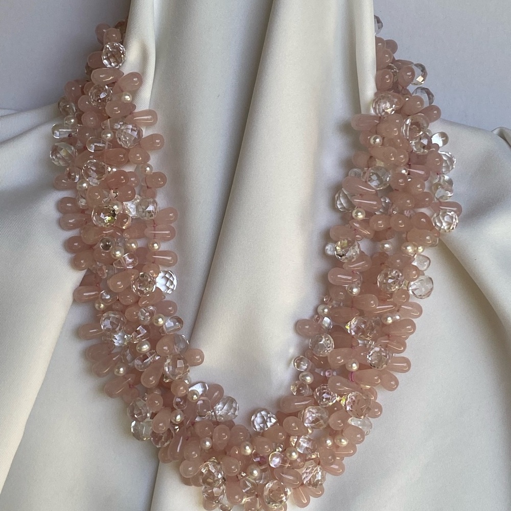 Designer rose quartz & rock crystal briolettes gemstone necklace sterling clasp